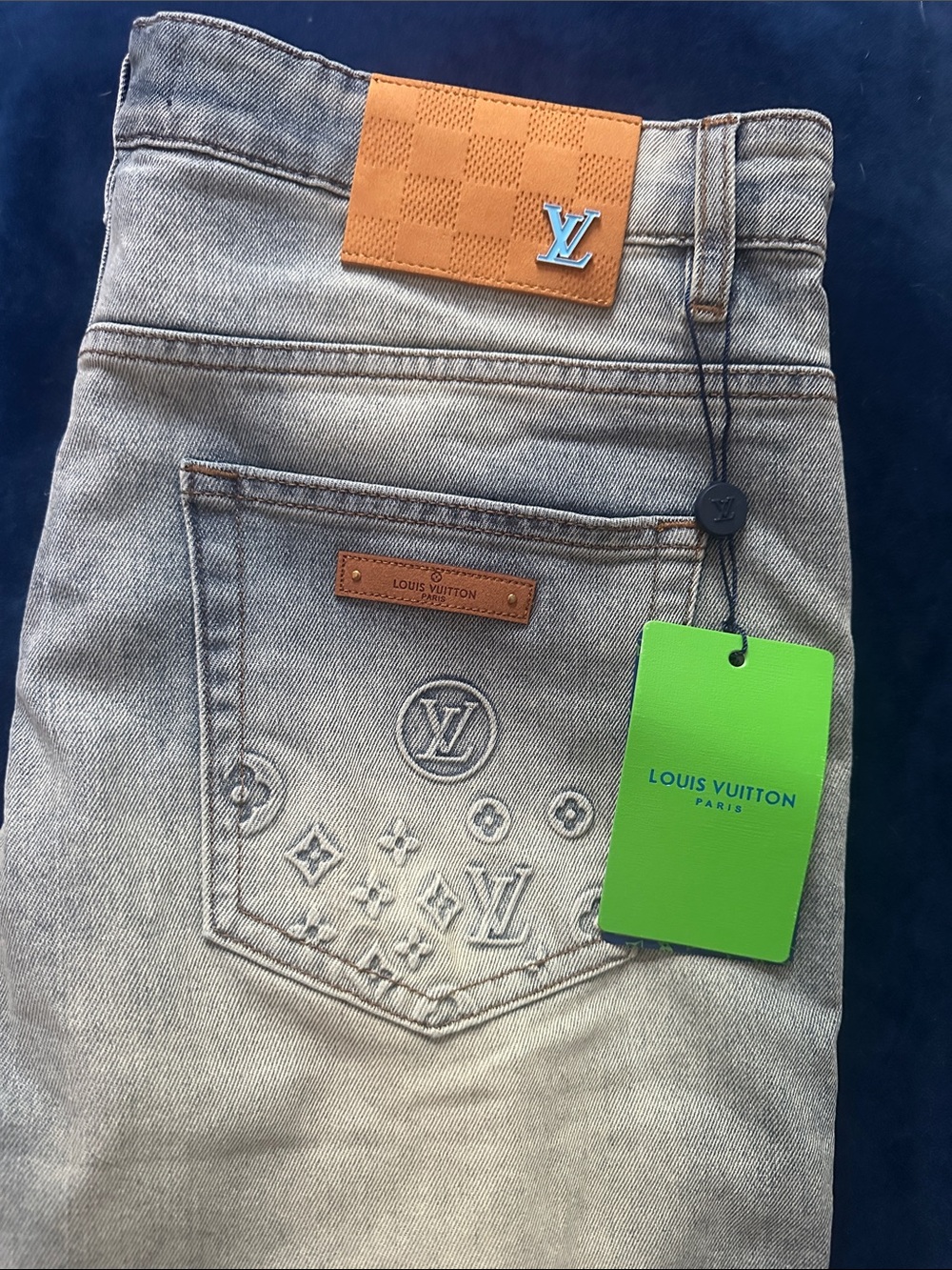 Louis Vuitton Men's Tan-Accented Gray Jeans with Embossed Monogram blue buttons